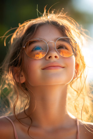 Portrait of a happy young girl wearing round metal frame glasses with orange lenses, enjoying the warm glow of golden hour sunlightの素材
