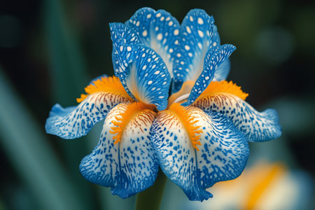Vibrant blue and orange iris flower with spotted petals blooming in a summer garden, showcasing the beauty of natureの素材