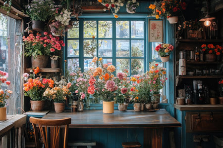 Many colorful flowers decorating a rustic flower shop and sitting on a wooden table near a blue windowの素材