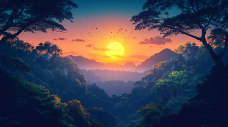 Stunning sunset over a vibrant rainforest valley with birds flying, creating a breathtaking natural landscapeの素材