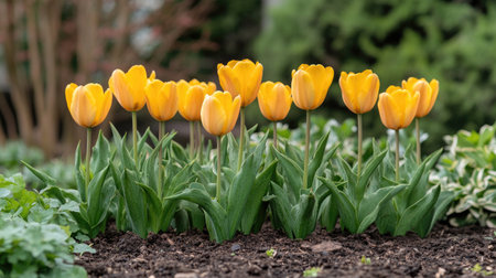Beautiful yellow tulips growing in the garden, bringing vibrant spring colors to the landscapeの素材