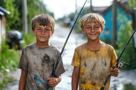 Two dirty boys are holding fishing rods, ready for a day of fishingの素材