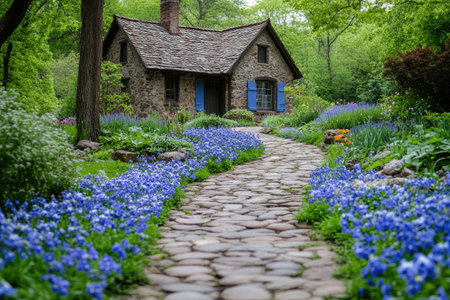 Charming stone cottage nestled in a vibrant garden with blooming blue flowers lining a winding cobblestone path, creating a serene and inviting sceneの素材