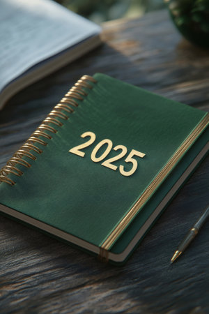 Green diary for year 2025 on wooden desk with pen and book, perfect for planning future business projects and personal goalsの素材