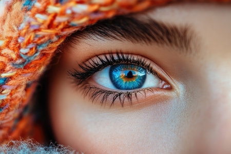 Close-up of beautiful blue eye with long black eyelashes and perfect makeup, highlighting health and beautyの素材
