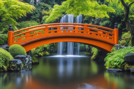 Lush green trees and bushes surround a bright orange wooden bridge arching over a small waterfall in a tranquil Japanese gardenの素材