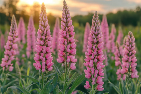 Pink lupine flowers blooming in a field during a beautiful sunset, creating a picturesque natural landscapeの素材