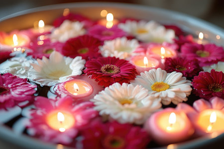 Pink and white gerberas and lit candles creating a relaxing atmosphere floating in water for spa treatmentの素材