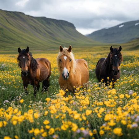 Three Icelandic horses stand in a field of blooming yellow wildflowers with mountains in the backgroundの素材