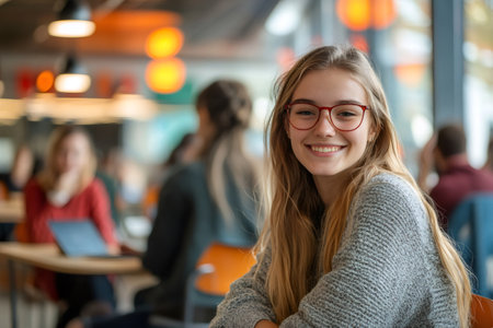 Portrait of smiling student girl wearing glasses sitting in university cafeteriaの素材