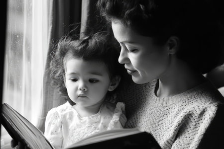 Black and white portrait of a mother reading a book with her little daughter, enjoying a quiet moment togetherの素材