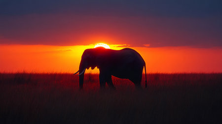 Silhouette of an elephant walking in the tall grass of the African savanna at sunsetの素材