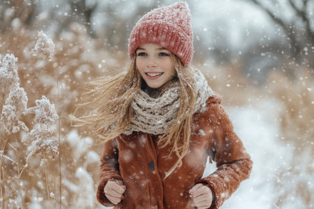 Smiling girl running and enjoying snowfall in a beautiful winter wonderlandの素材