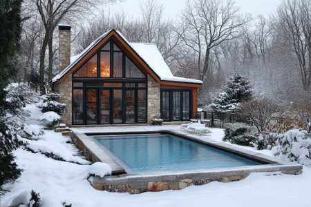 Tranquil winter scene featuring a modern pool house with warm interior lighting and a snow-covered outdoor swimming poolの素材
