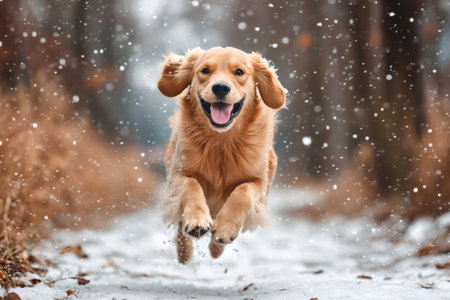 Golden retriever enjoys running and jumping in the snow on a winter dayの素材