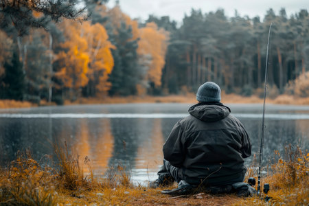 Fisherman relaxing by the lake on an autumn day, enjoying the tranquility of nature and waiting for a catchの素材