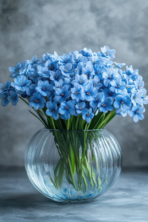 Beautiful blue spring flowers of Puschkinia scilloides in a transparent round glass vase are standing on a gray backgroundの素材