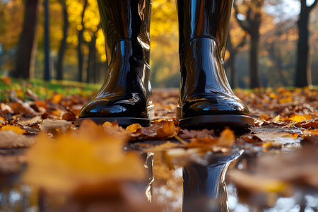 Shiny black rubber boots on wet colorful autumn leaves reflecting in a puddle in a parkの素材