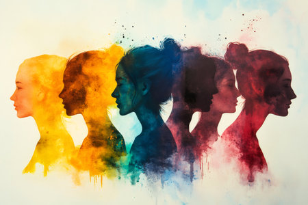 Five colorful female silhouettes represent diversity, equality, and inclusionの素材