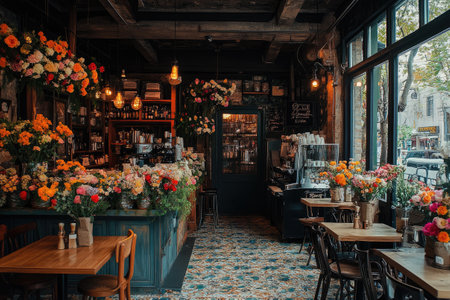 Charming cafe interior decorated with colorful flowers, creating a cozy and inviting atmosphereの素材