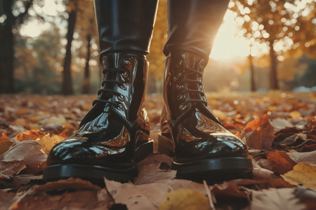 Close-up of shiny black boots on a bed of fallen autumn leaves, enjoying the warm sunlight in a parkの素材