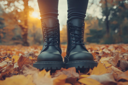 Woman wearing black boots standing on autumn leaves in a forest at sunsetの素材