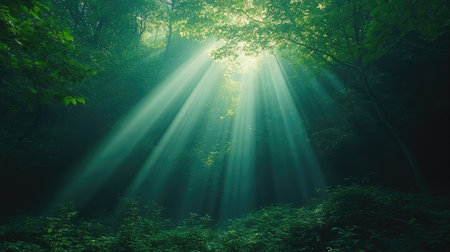 Sunbeams are filtering through the canopy in the lush forest creating an ethereal atmosphereの素材