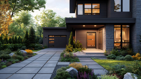 Beautiful modern house exterior with driveway, garage, and landscaping at sunsetの素材