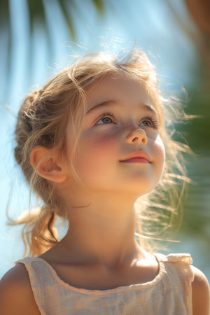 Portrait of a charming young girl with freckles gazing upwards in golden sunlight, evoking feelings of hope and wonderの素材