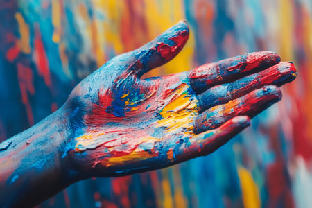 Artist showing hand covered with acrylic paint in front of a blurred colorful backgroundの素材