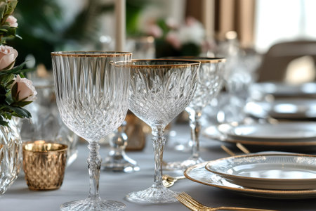 Crystal glasses with gold rims are beautifully arranged on a table set for a special occasion, creating an atmosphere of elegance and sophisticationの素材