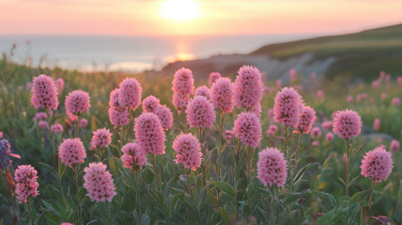 Beautiful pink flowers blooming on a field with a blurred sea and sunset in the backgroundの素材