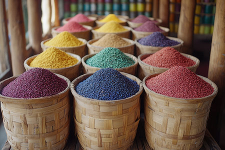 Wicker baskets brimming with colorful grains and powders create a vibrant display at a market stall, showcasing variety and abundanceの素材