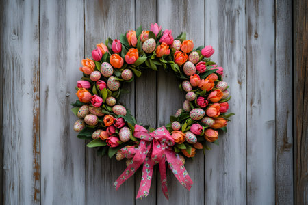Beautiful easter wreath with colorful tulips and decorated eggs hanging on a rustic wooden door, adding a festive touch to spring celebrationsの素材