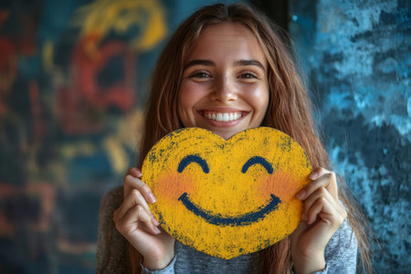 Smiling woman holding heart-shaped emoticon, expressing happiness, positivity, and joyの素材