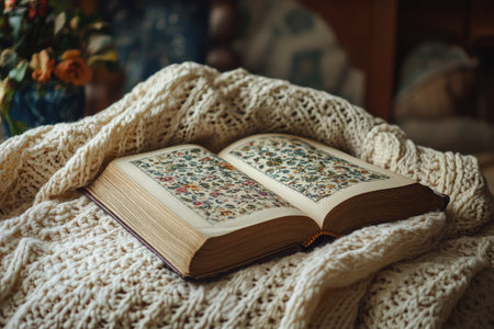 Open antique book with embroidered flower patterns on the pages rests on a soft, knitted blanket, creating a cozy and nostalgic atmosphereの素材