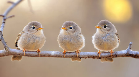 Three baby birds are sitting on a branch, enjoying the sunlightの素材