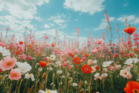 Wildflower meadow blooming under a bright blue sky with fluffy white clouds, creating a vibrant and beautiful natural landscapeの素材