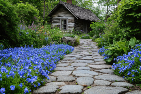 Charming stone cottage nestled in a vibrant garden with blooming blue flowers lining a winding cobblestone path, creating a serene and inviting sceneの素材