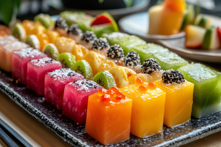 Assortment of colorful fruit jelly cubes garnished with kiwi, sesame seeds, and fish roe, creating a visually appealing dessert platterの素材