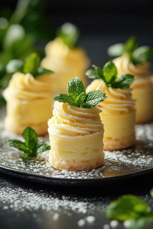 Delicious mini lemon cheesecakes garnished with fresh mint on a dark plate, perfect for a sweet treatの素材
