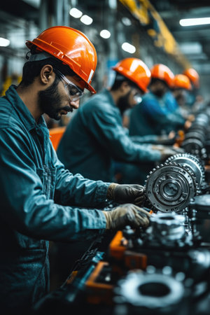 Industrial workers wearing safety helmets and gloves assembling engines on a production line in a car factoryの素材