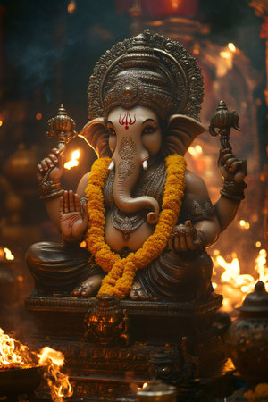 Ganesha statue wearing yellow marigold garland holding religious objects with burning flames in a dark templeの素材