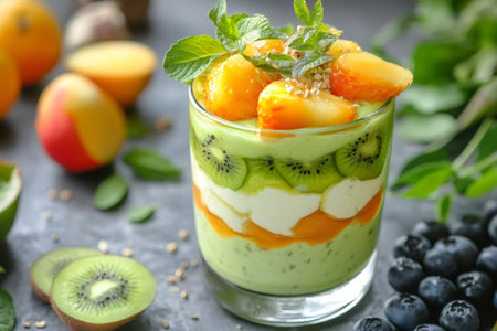 Layered dessert with kiwi, apricot, cream and mint leaves served in a glassの素材