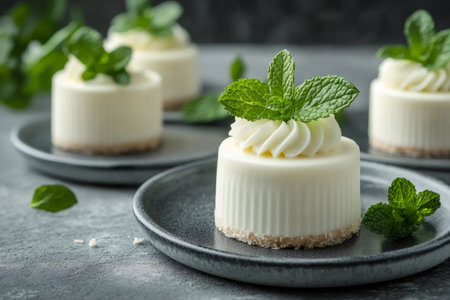 Delicious mini cheesecakes sitting on elegant gray plates, decorated with fresh mint leaves and cream cheese frostingの素材