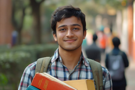 Portrait of a happy Indian student carrying books and a backpack at universityの素材