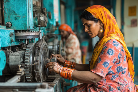 Female Indian factory worker repairing industrial machinery in manufacturing plantの素材