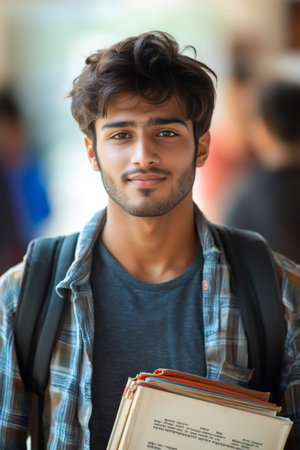 Portrait of a confident young Indian student holding books and wearing a backpackの素材