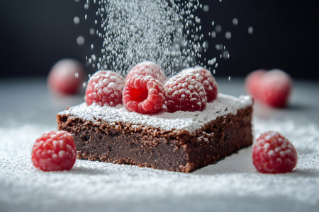 Delicious chocolate brownie with fresh raspberries sprinkled with icing sugar creating a sweet and tempting dessertの素材
