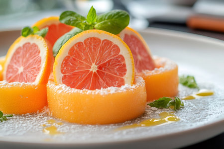 Round slices of grapefruit and melon are creating a delicious and refreshing dessert, garnished with mint leaves and powdered sugarの素材